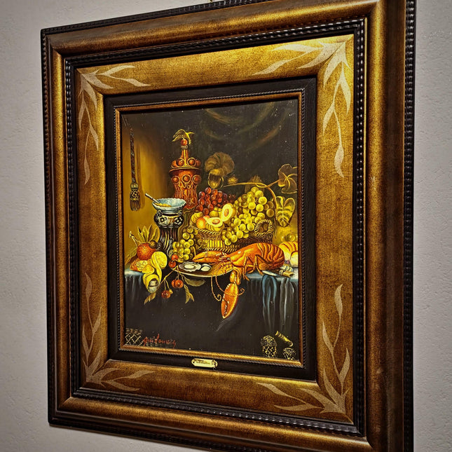 Large Signed Vintage Oil Painting, Neo-Baroque Flemish Still Life, Lobster Oysters Fruit, Framed European Fine Art, Dark Academia Decor