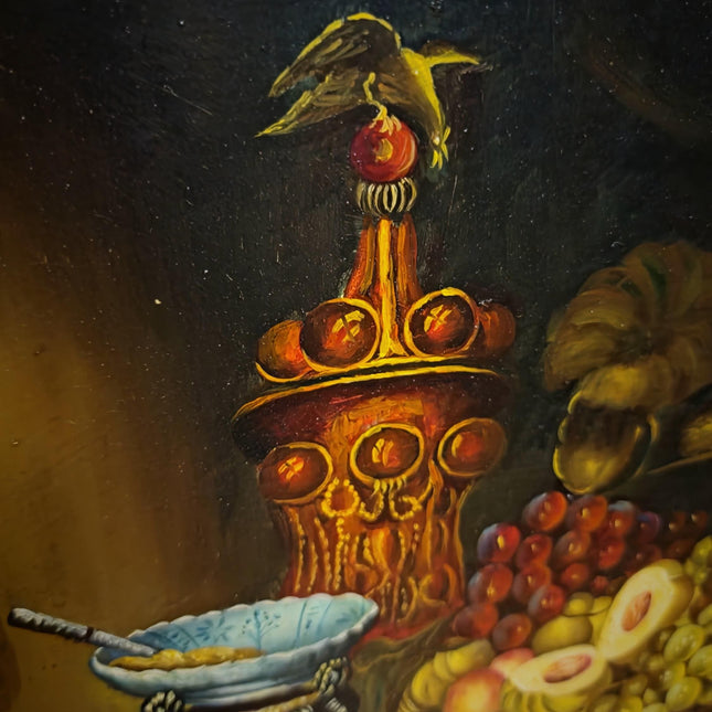 Large Signed Vintage Oil Painting, Neo-Baroque Flemish Still Life, Lobster Oysters Fruit, Framed European Fine Art, Dark Academia Decor