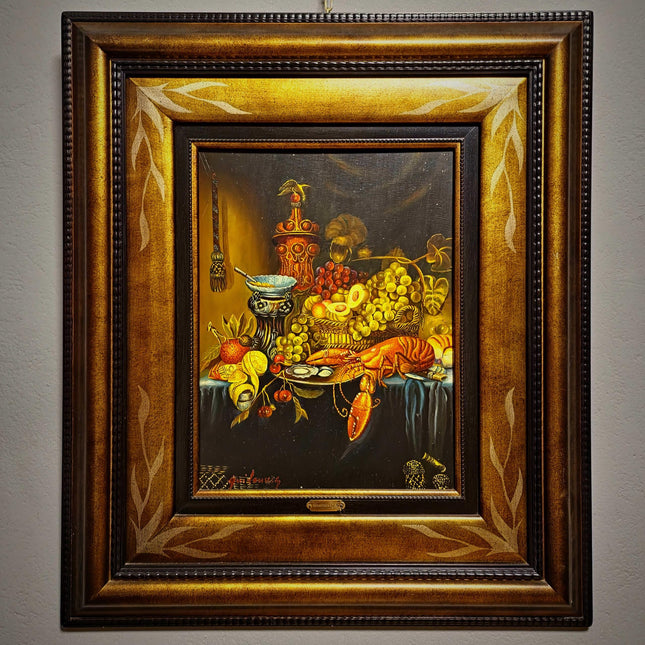 Large Signed Vintage Oil Painting, Neo-Baroque Flemish Still Life, Lobster Oysters Fruit, Framed European Fine Art, Dark Academia Decor