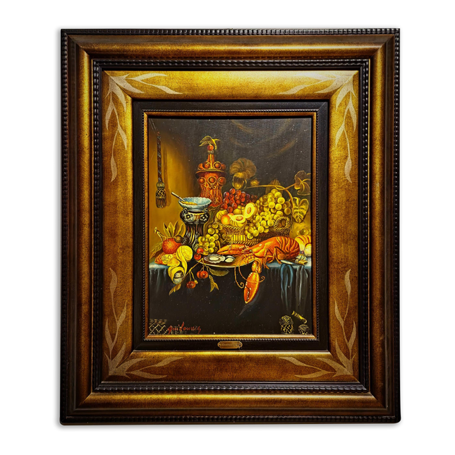 Large Signed Vintage Oil Painting, Neo-Baroque Flemish Still Life, Lobster Oysters Fruit, Framed European Fine Art, Dark Academia Decor