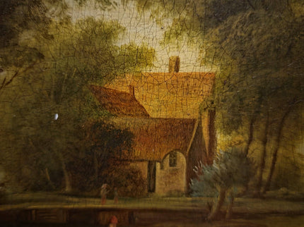 Antique French Landscape Oil Painting, 19th Century Pastoral River Scene, European Rural Nature Artwork, Gold Framed Rustic Farmhouse Decor