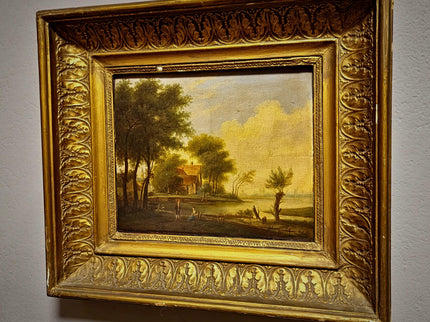 Antique French Landscape Oil Painting, 19th Century Pastoral River Scene, European Rural Nature Artwork, Gold Framed Rustic Farmhouse Decor