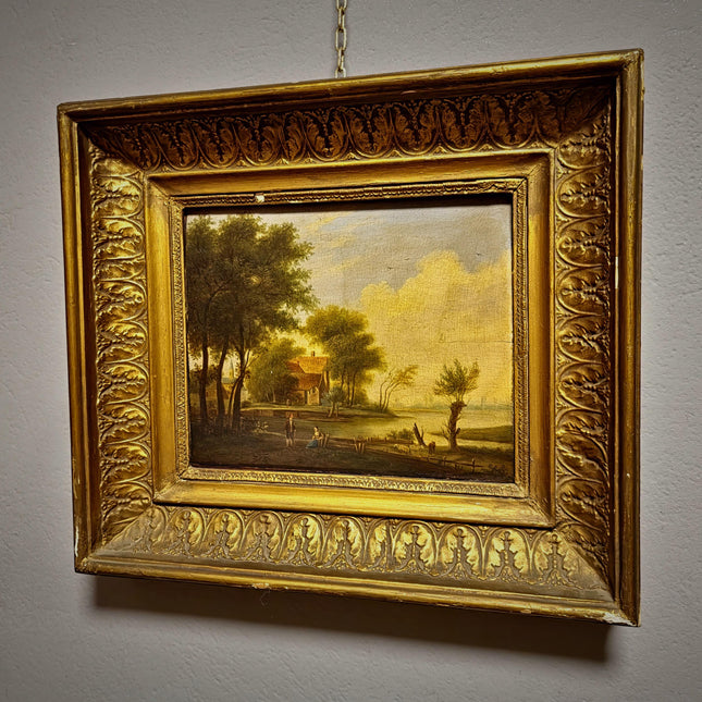 Antique French Landscape Oil Painting, 19th Century Pastoral River Scene, European Rural Nature Artwork, Gold Framed Rustic Farmhouse Decor