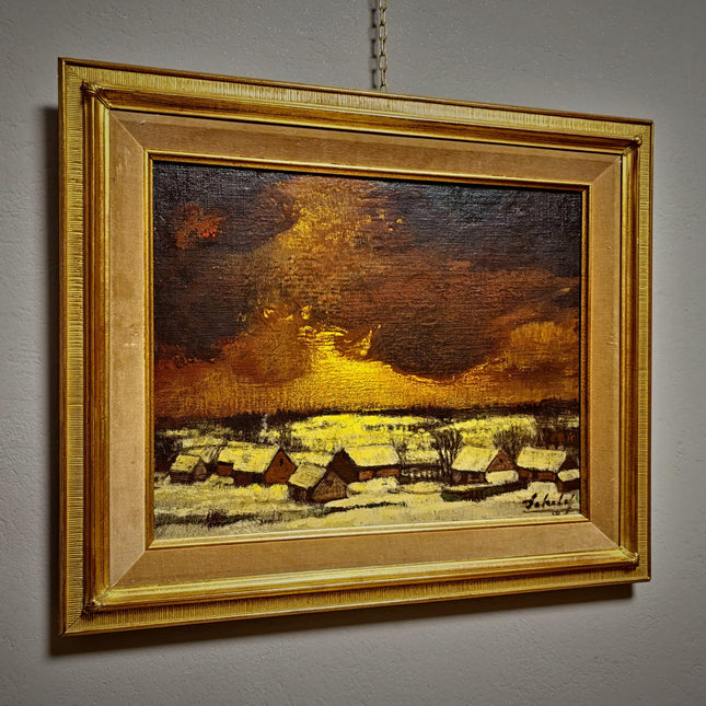 Vintage Winter Landscape Oil Painting, Gold Framed Original, Signed Snow Scene Artwork, Living Room Wall Decor, European Fine Art Gift