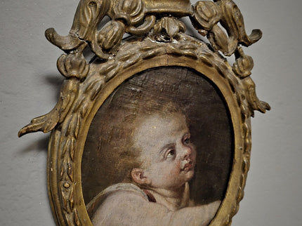 Antique Cherub Painting, 18th Century Baroque Putto, German Religious Oil, Gilt Framed Angel Art, Dark Academia Wall Decor Collectible