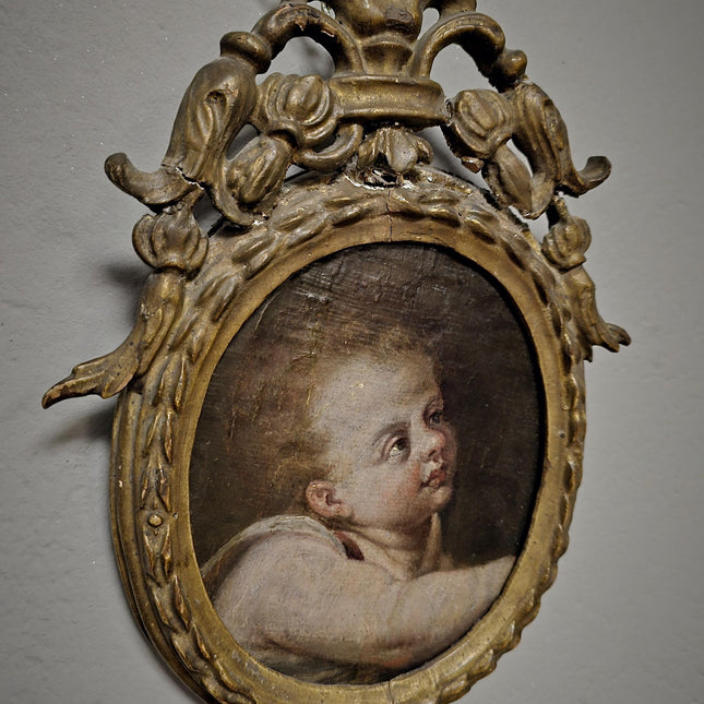 Antique Cherub Painting, 18th Century Baroque Putto, German Religious Oil, Gilt Framed Angel Art, Dark Academia Wall Decor Collectible
