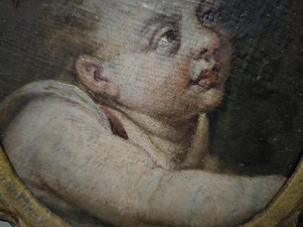 Antique Cherub Painting, 18th Century Baroque Putto, German Religious Oil, Gilt Framed Angel Art, Dark Academia Wall Decor Collectible