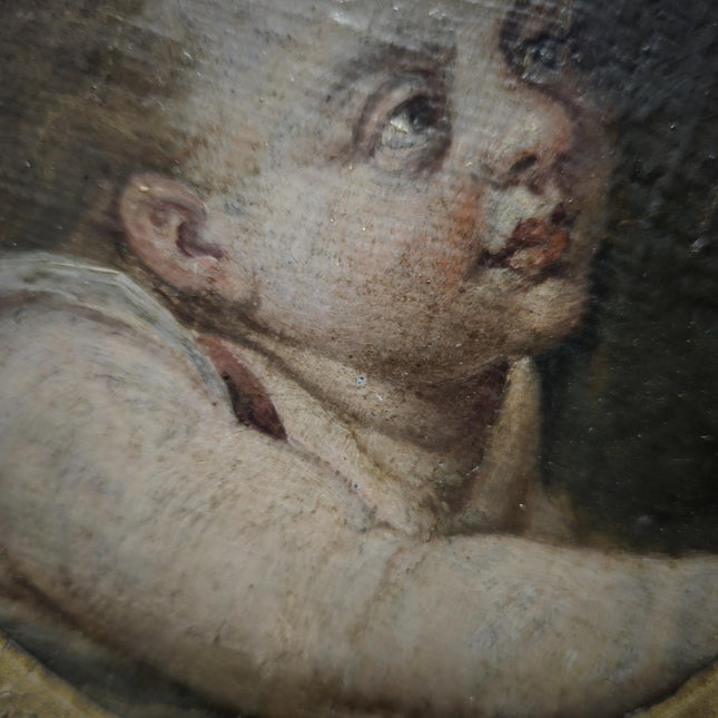 Antique Cherub Painting, 18th Century Baroque Putto, German Religious Oil, Gilt Framed Angel Art, Dark Academia Wall Decor Collectible