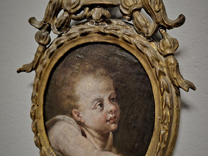 Antique Cherub Painting, 18th Century Baroque Putto, German Religious Oil, Gilt Framed Angel Art, Dark Academia Wall Decor Collectible
