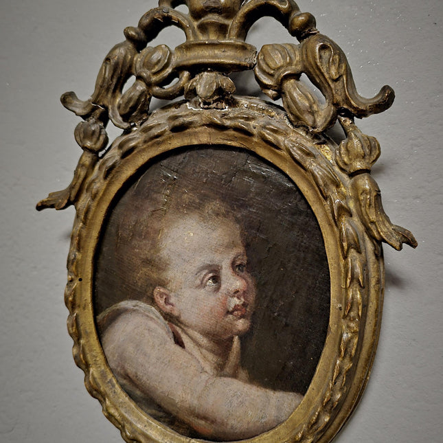 Antique Cherub Painting, 18th Century Baroque Putto, German Religious Oil, Gilt Framed Angel Art, Dark Academia Wall Decor Collectible