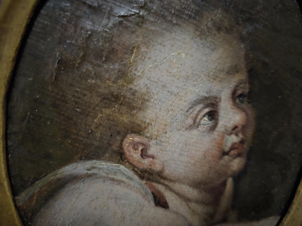 Antique Cherub Painting, 18th Century Baroque Putto, German Religious Oil, Gilt Framed Angel Art, Dark Academia Wall Decor Collectible