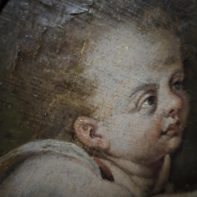Antique Cherub Painting, 18th Century Baroque Putto, German Religious Oil, Gilt Framed Angel Art, Dark Academia Wall Decor Collectible
