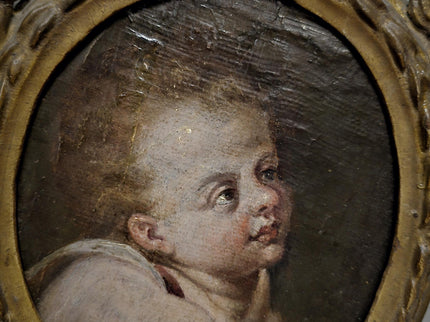 Antique Cherub Painting, 18th Century Baroque Putto, German Religious Oil, Gilt Framed Angel Art, Dark Academia Wall Decor Collectible