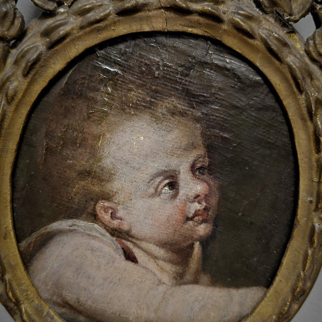 Antique Cherub Painting, 18th Century Baroque Putto, German Religious Oil, Gilt Framed Angel Art, Dark Academia Wall Decor Collectible