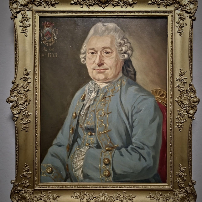 1773 Rare Antique Oil Portrait, European Baron Heraldic Coat of Arms, Large 18th Century Nobleman Painting Old Master Museum Quality Artwork