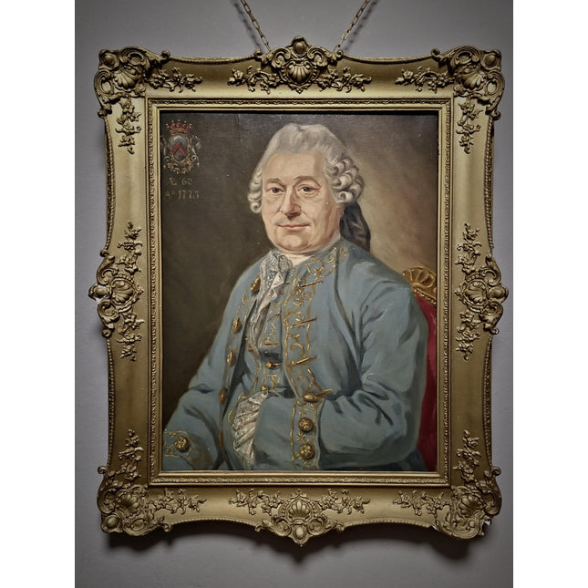1773 Rare Antique Oil Portrait, European Baron Heraldic Coat of Arms, Large 18th Century Nobleman Painting Old Master Museum Quality Artwork