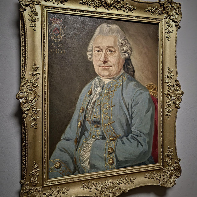1773 Rare Antique Oil Portrait, European Baron Heraldic Coat of Arms, Large 18th Century Nobleman Painting Old Master Museum Quality Artwork