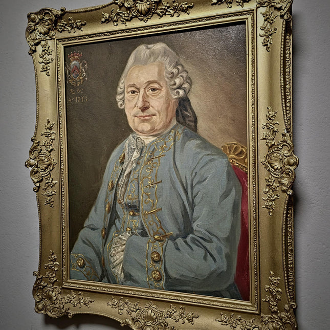 1773 Rare Antique Oil Portrait, European Baron Heraldic Coat of Arms, Large 18th Century Nobleman Painting Old Master Museum Quality Artwork