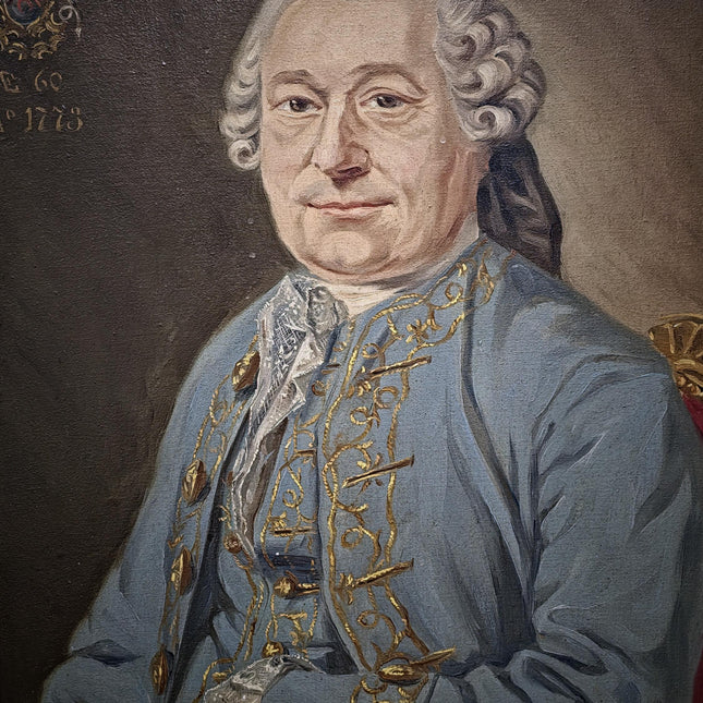 1773 Rare Antique Oil Portrait, European Baron Heraldic Coat of Arms, Large 18th Century Nobleman Painting Old Master Museum Quality Artwork