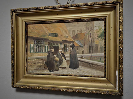 Antique Flemish Street Scene Oil Painting, Beguinage Religious Figures, Signed Belgian Genre Scene, 19th Century European Fine Art