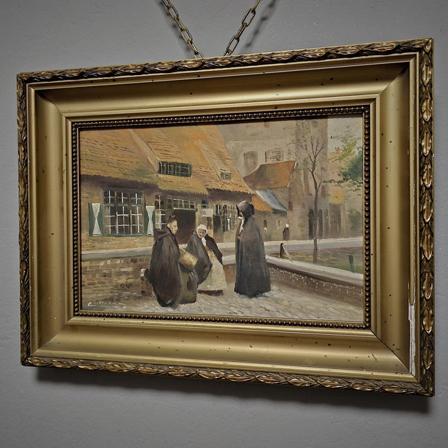 Antique Flemish Street Scene Oil Painting, Beguinage Religious Figures, Signed Belgian Genre Scene, 19th Century European Fine Art
