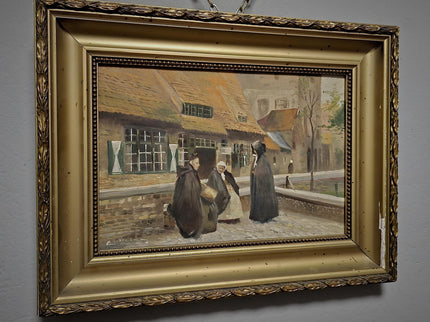 Antique Flemish Street Scene Oil Painting, Beguinage Religious Figures, Signed Belgian Genre Scene, 19th Century European Fine Art