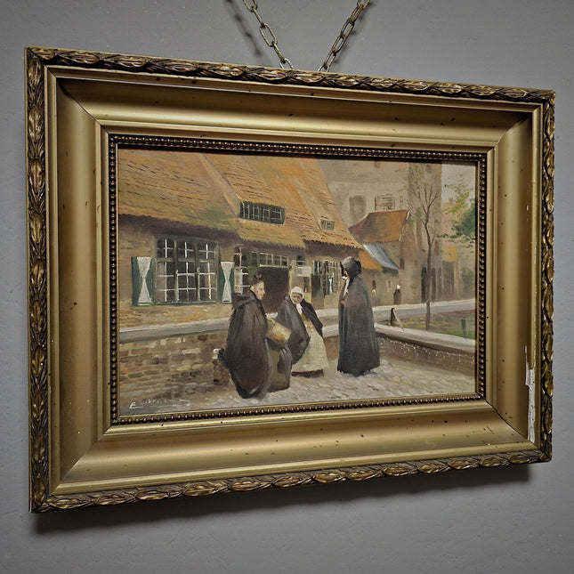 Antique Flemish Street Scene Oil Painting, Beguinage Religious Figures, Signed Belgian Genre Scene, 19th Century European Fine Art