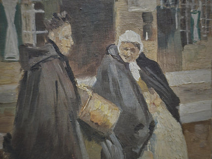 Antique Flemish Street Scene Oil Painting, Beguinage Religious Figures, Signed Belgian Genre Scene, 19th Century European Fine Art