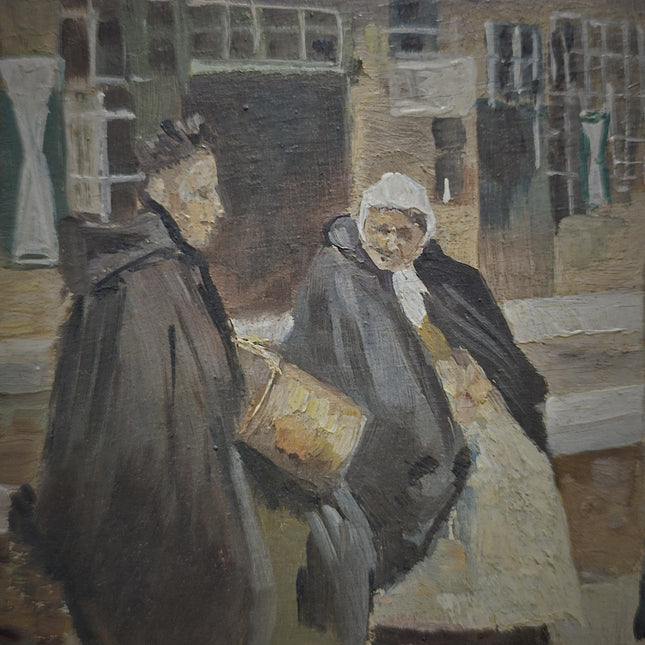 Antique Flemish Street Scene Oil Painting, Beguinage Religious Figures, Signed Belgian Genre Scene, 19th Century European Fine Art