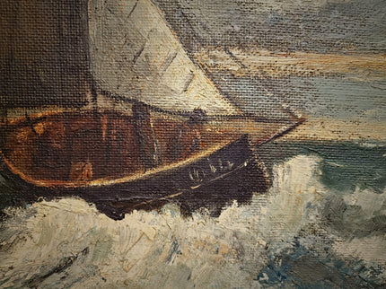 Antique French Seascape Oil Painting, Signed Marine Artwork, Fishing Boat in Storm, Framed Nautical Wall Decor, Original European Fine Art