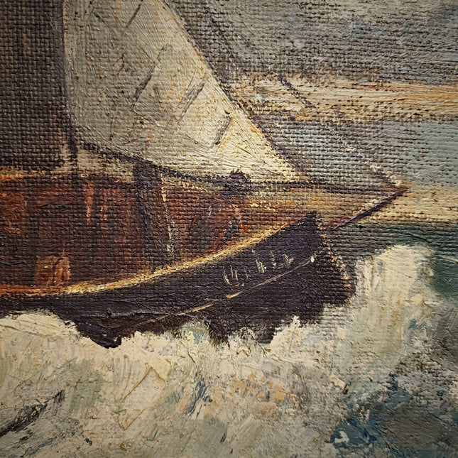Antique French Seascape Oil Painting, Signed Marine Artwork, Fishing Boat in Storm, Framed Nautical Wall Decor, Original European Fine Art