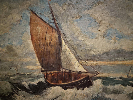 Antique French Seascape Oil Painting, Signed Marine Artwork, Fishing Boat in Storm, Framed Nautical Wall Decor, Original European Fine Art