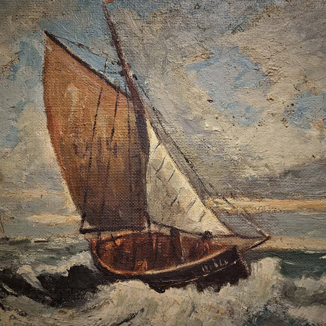 Antique French Seascape Oil Painting, Signed Marine Artwork, Fishing Boat in Storm, Framed Nautical Wall Decor, Original European Fine Art