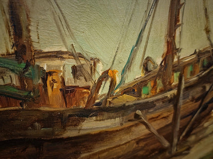 Antique Belgian Harbor Oil Painting, Signed Marine Fishing Boat Scene, Original Maritime Artwork, Nautical Wall Decor, Unique Gift