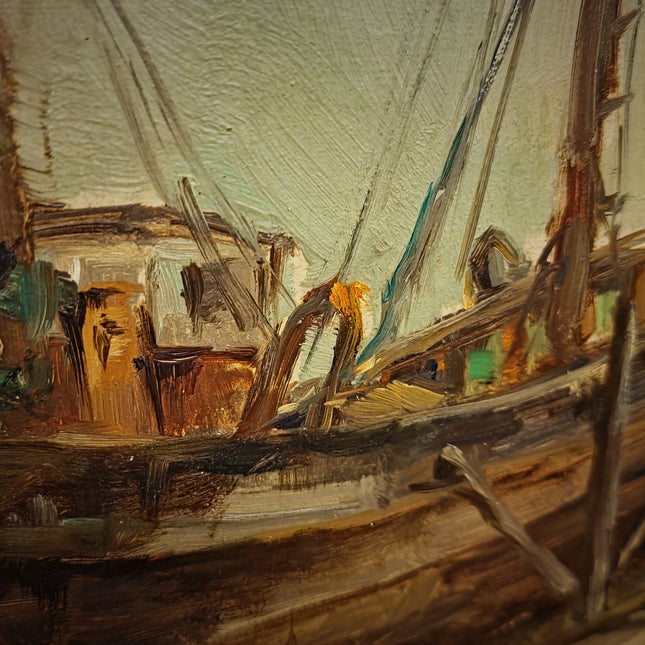 Antique Belgian Harbor Oil Painting, Signed Marine Fishing Boat Scene, Original Maritime Artwork, Nautical Wall Decor, Unique Gift