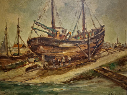 Antique Belgian Harbor Oil Painting, Signed Marine Fishing Boat Scene, Original Maritime Artwork, Nautical Wall Decor, Unique Gift