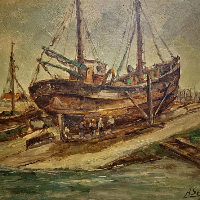 Antique Belgian Harbor Oil Painting, Signed Marine Fishing Boat Scene, Original Maritime Artwork, Nautical Wall Decor, Unique Gift