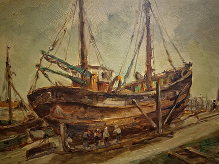 Antique Belgian Harbor Oil Painting, Signed Marine Fishing Boat Scene, Original Maritime Artwork, Nautical Wall Decor, Unique Gift