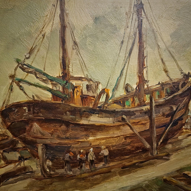 Antique Belgian Harbor Oil Painting, Signed Marine Fishing Boat Scene, Original Maritime Artwork, Nautical Wall Decor, Unique Gift