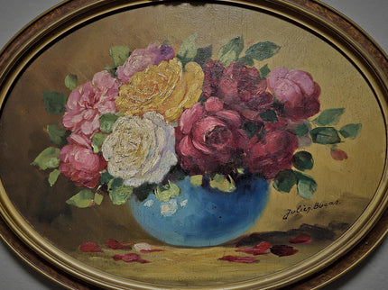 Antique French Floral Still Life Oil Painting, Signed Rose Bouquet Artwork, Oval Gold Framed Wall Decor, Original European Fine Art