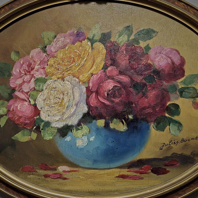 Antique French Floral Still Life Oil Painting, Signed Rose Bouquet Artwork, Oval Gold Framed Wall Decor, Original European Fine Art