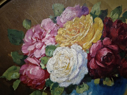 Antique French Floral Still Life Oil Painting, Signed Rose Bouquet Artwork, Oval Gold Framed Wall Decor, Original European Fine Art