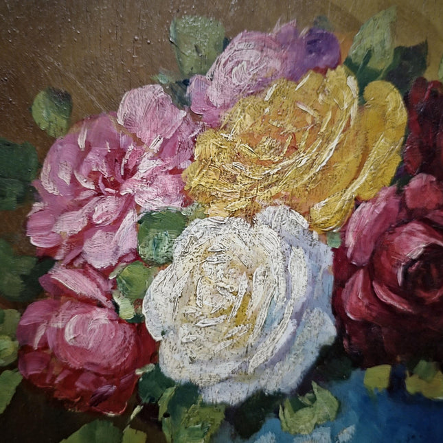 Antique French Floral Still Life Oil Painting, Signed Rose Bouquet Artwork, Oval Gold Framed Wall Decor, Original European Fine Art