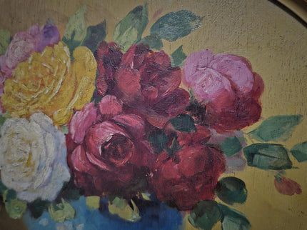 Antique French Floral Still Life Oil Painting, Signed Rose Bouquet Artwork, Oval Gold Framed Wall Decor, Original European Fine Art