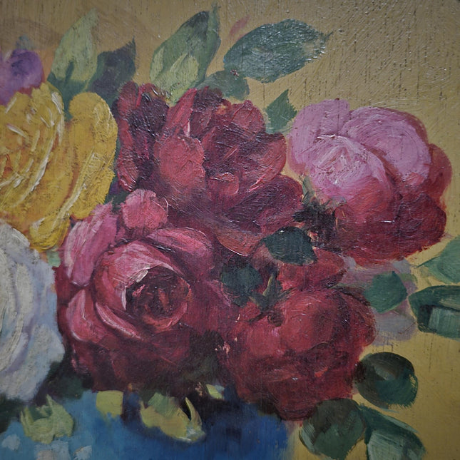 Antique French Floral Still Life Oil Painting, Signed Rose Bouquet Artwork, Oval Gold Framed Wall Decor, Original European Fine Art