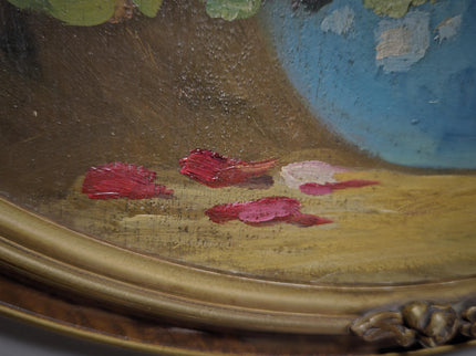 Antique French Floral Still Life Oil Painting, Signed Rose Bouquet Artwork, Oval Gold Framed Wall Decor, Original European Fine Art