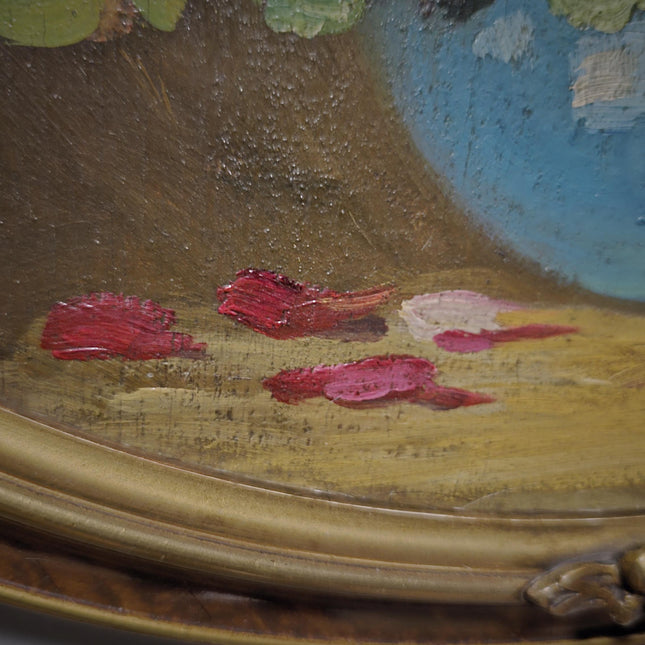Antique French Floral Still Life Oil Painting, Signed Rose Bouquet Artwork, Oval Gold Framed Wall Decor, Original European Fine Art
