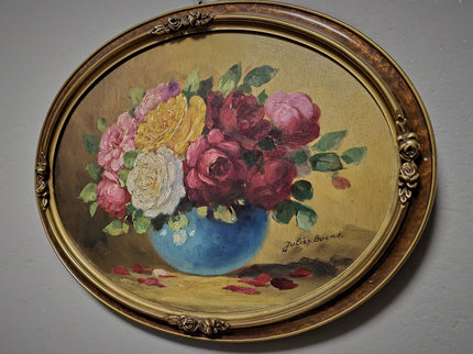 Antique French Floral Still Life Oil Painting, Signed Rose Bouquet Artwork, Oval Gold Framed Wall Decor, Original European Fine Art