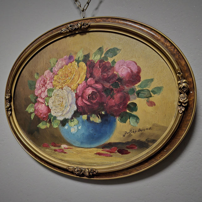 Antique French Floral Still Life Oil Painting, Signed Rose Bouquet Artwork, Oval Gold Framed Wall Decor, Original European Fine Art
