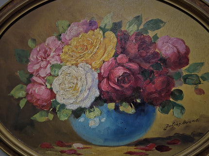Antique French Floral Still Life Oil Painting, Signed Rose Bouquet Artwork, Oval Gold Framed Wall Decor, Original European Fine Art